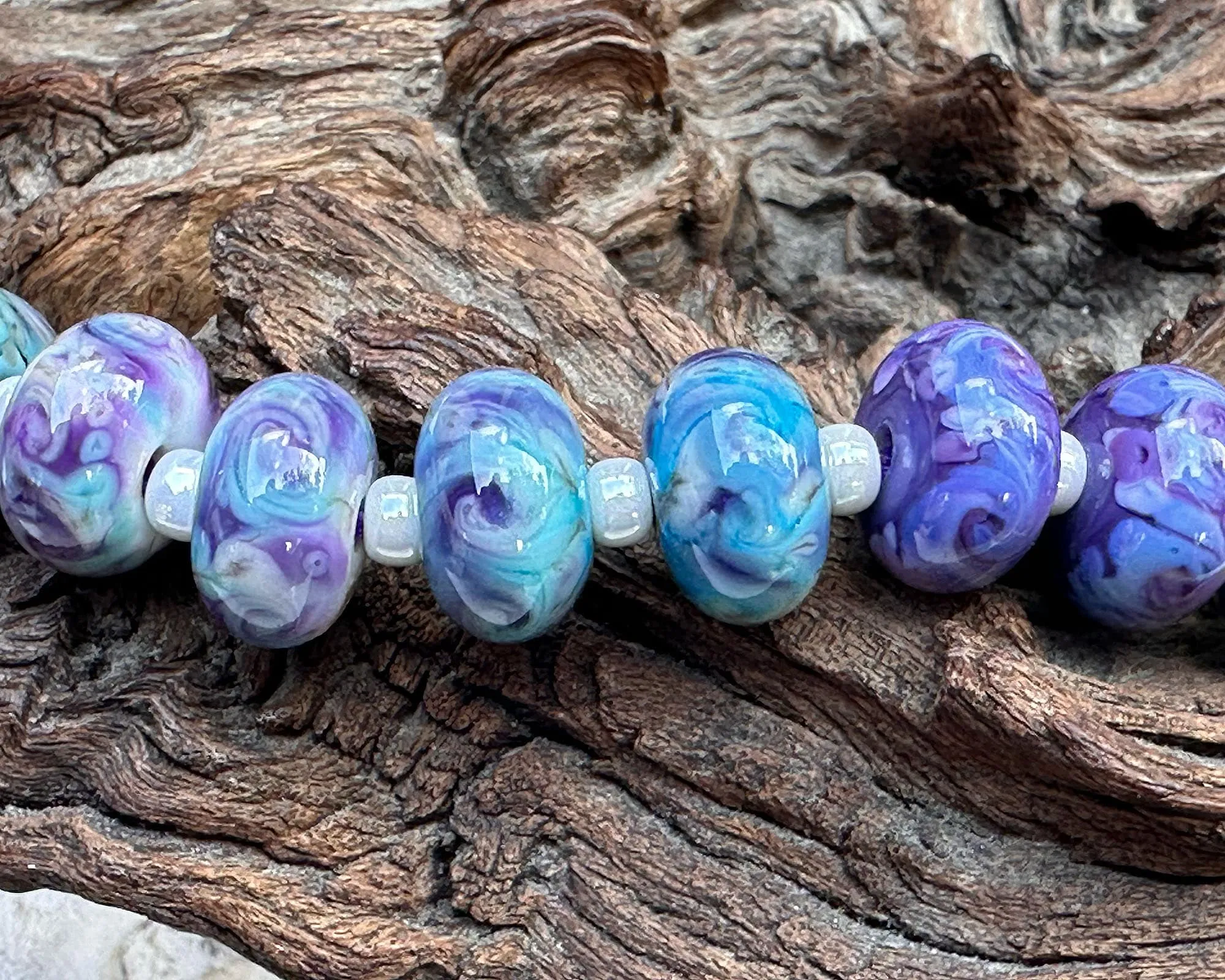 10 Purple Blue Mosaic Twists Lampwork Beads Set SRA