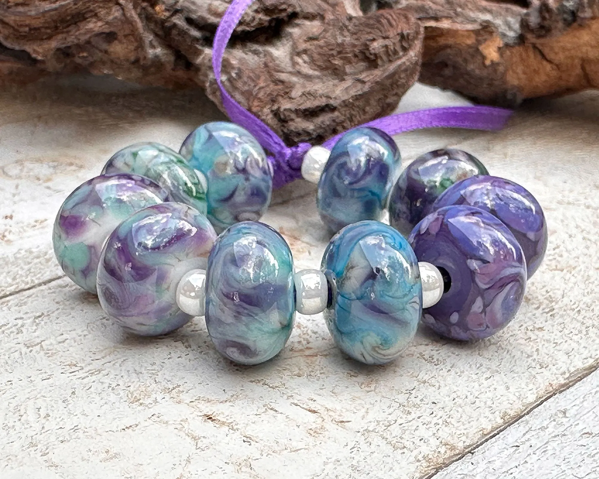 10 Purple Blue Mosaic Twists Lampwork Beads Set SRA