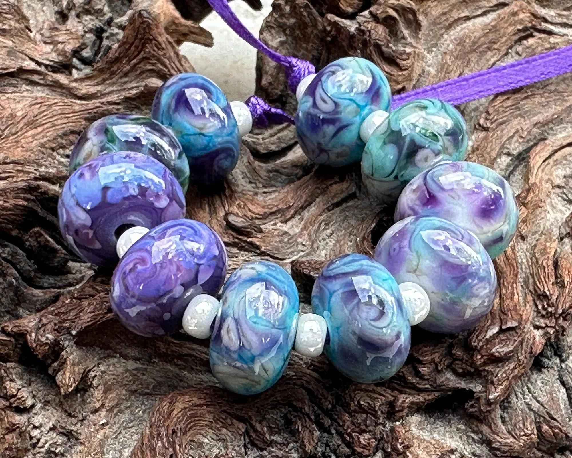 10 Purple Blue Mosaic Twists Lampwork Beads Set SRA