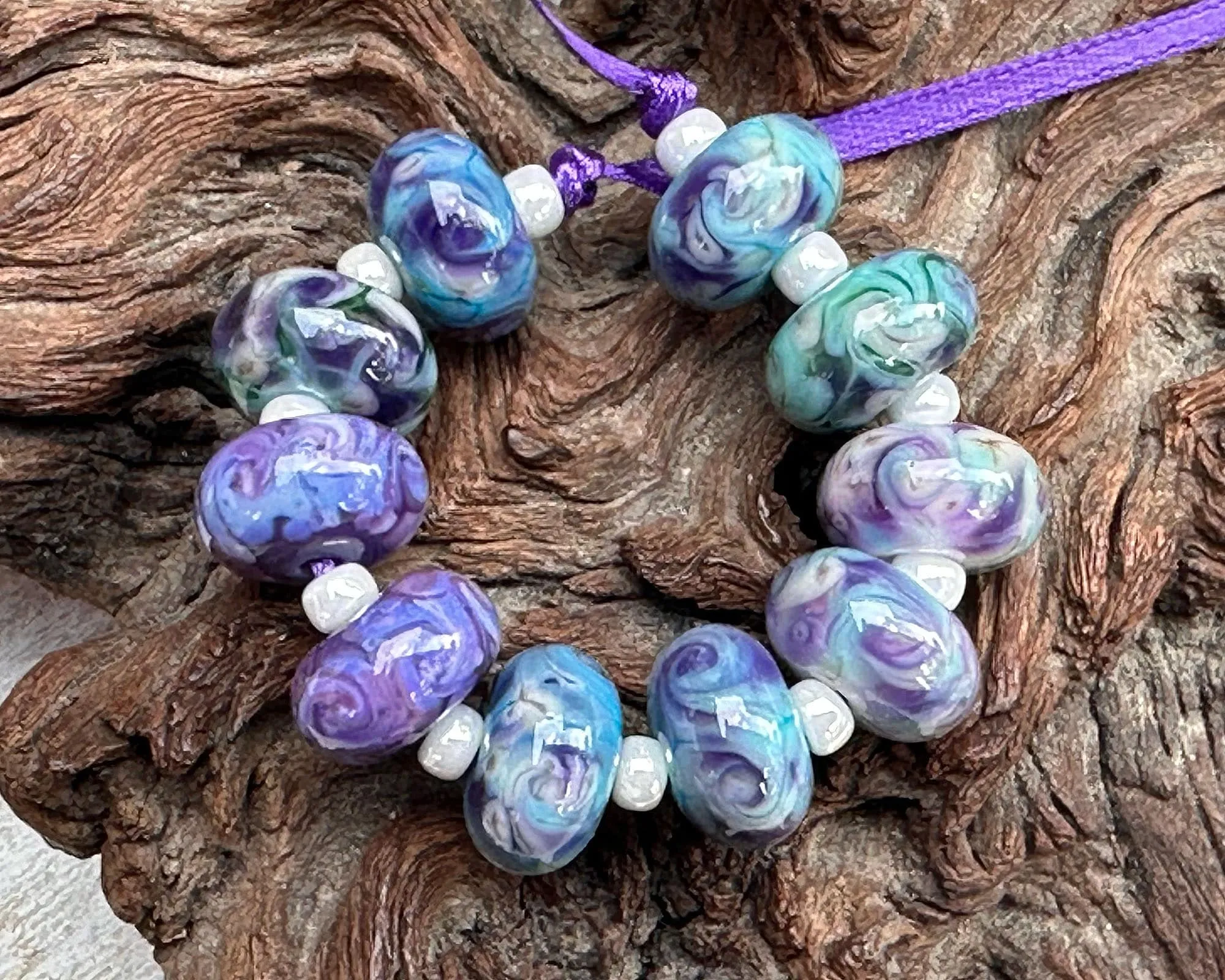 10 Purple Blue Mosaic Twists Lampwork Beads Set SRA