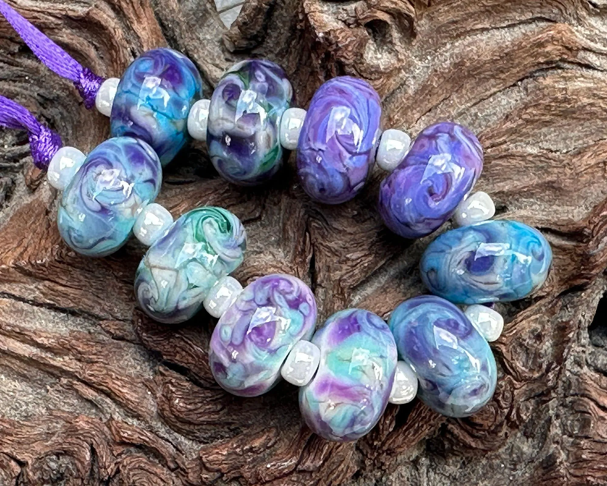 10 Purple Blue Mosaic Twists Lampwork Beads Set SRA