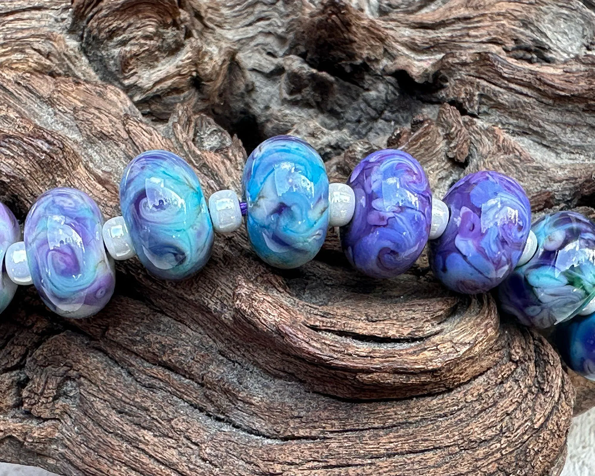 10 Purple Blue Mosaic Twists Lampwork Beads Set SRA