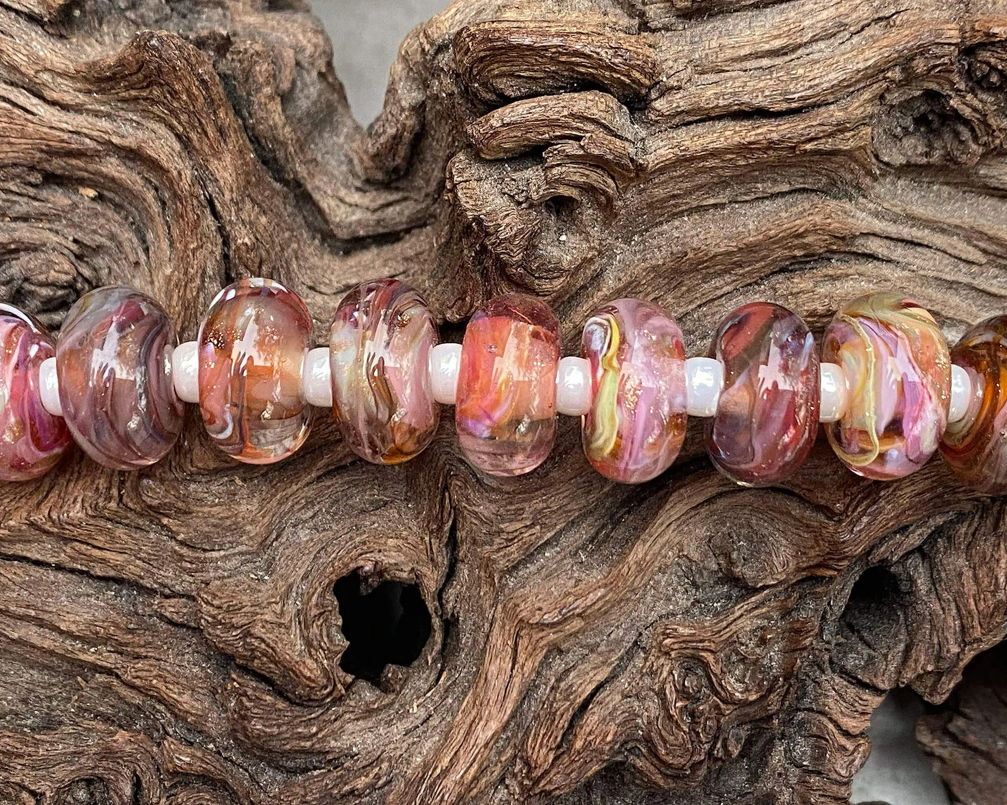 13 Strawberry Brown Swirl Lampwork Beads Set SRA