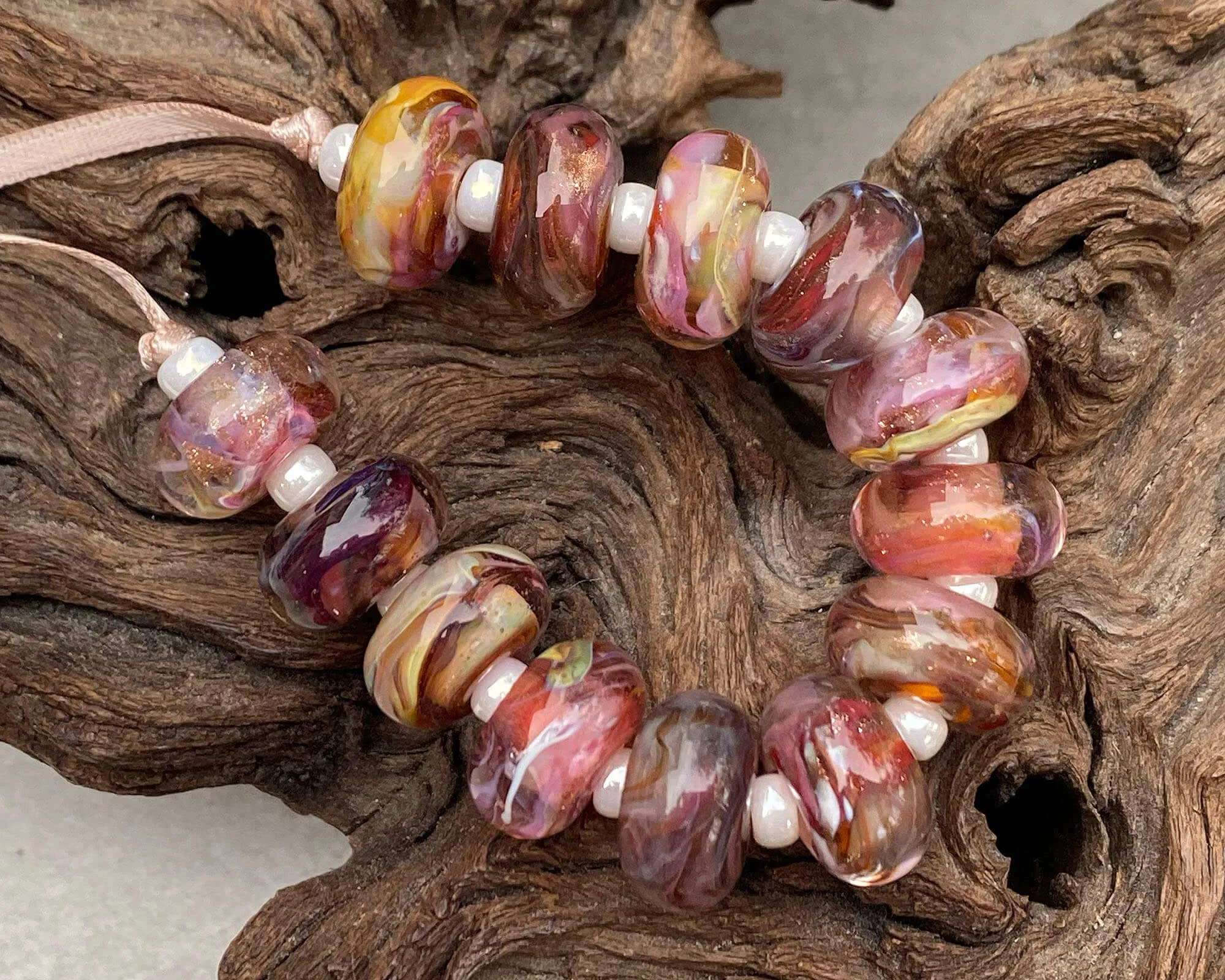 13 Strawberry Brown Swirl Lampwork Beads Set SRA