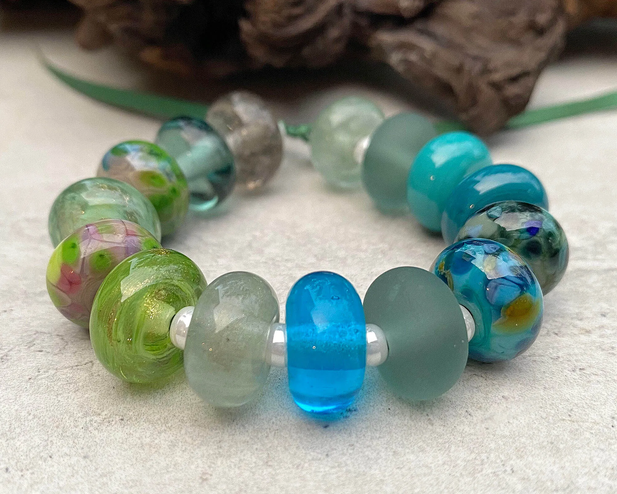 15 Turquoise & Green Mix Lampwork Beads Set SRA