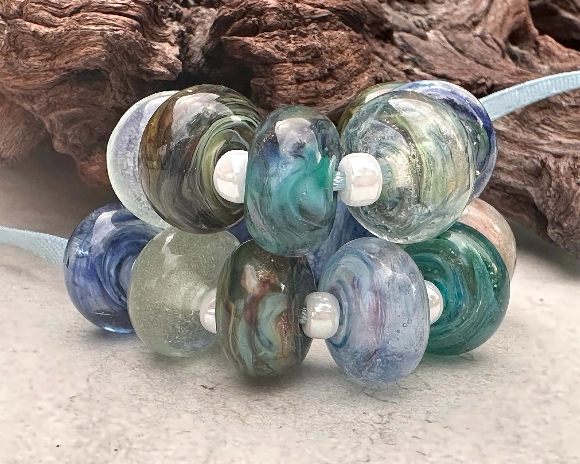 16 Blue Green Orphan Lampwork Beads Set SRA