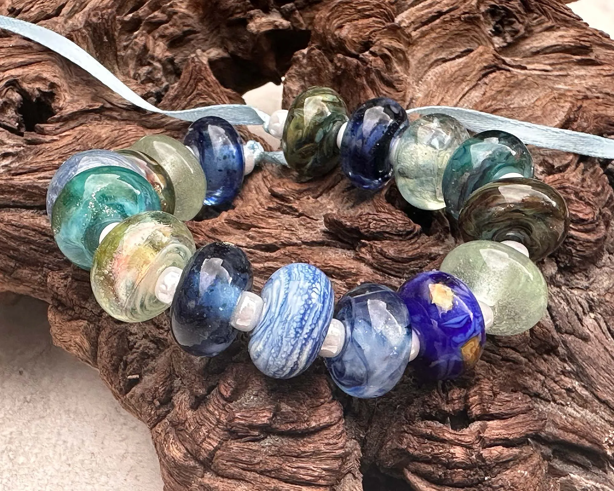 16 Blue Green Orphan Lampwork Beads Set SRA