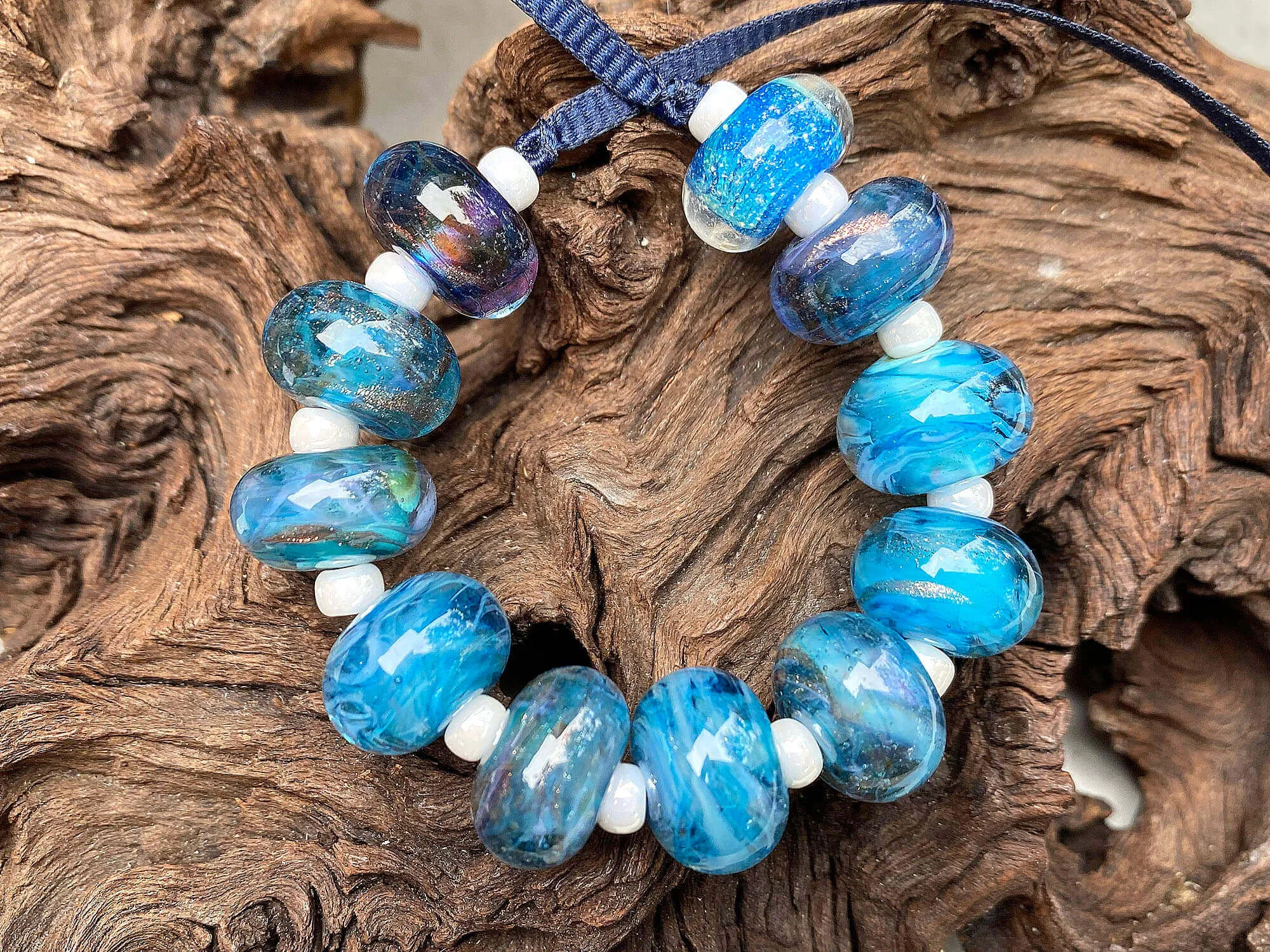 Aqua Blue Shimmer Lampwork Beads Set SRA