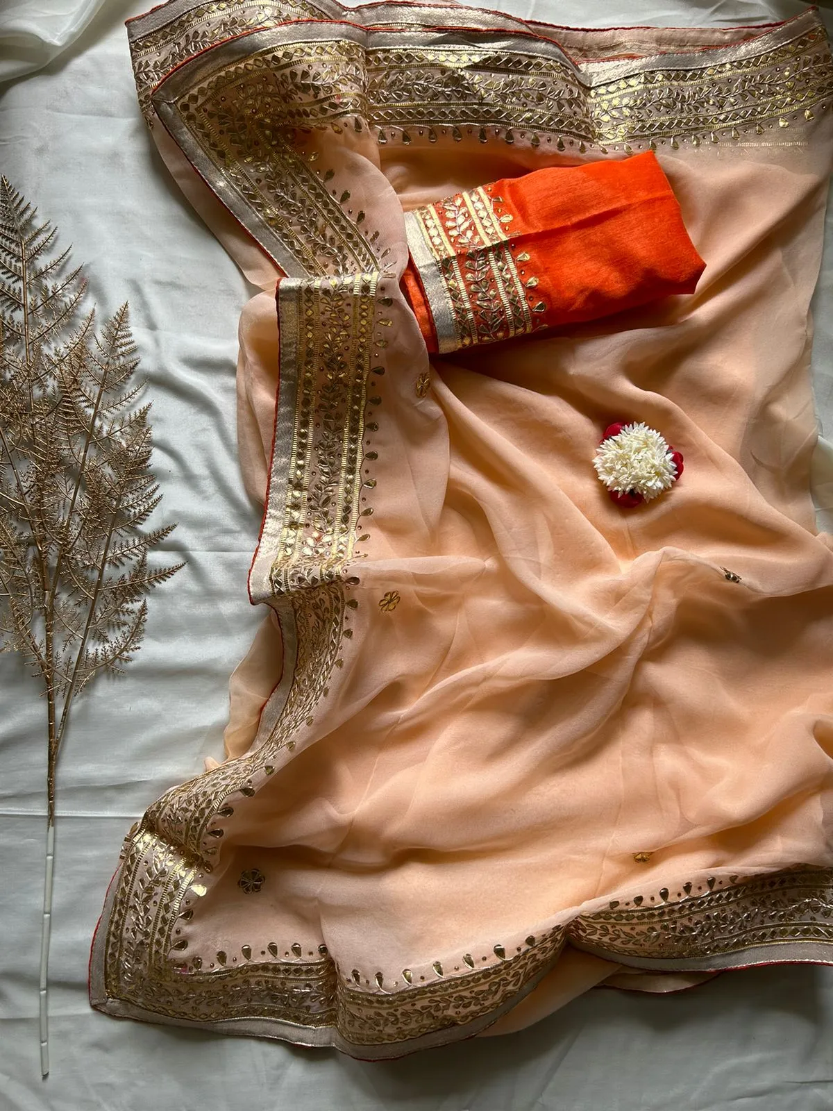 Beautiful Blush Peach Gota Patti Georgette Saree