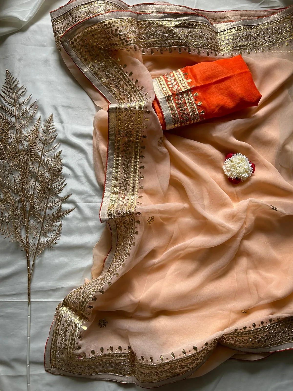 Beautiful Blush Peach Gota Patti Georgette Saree