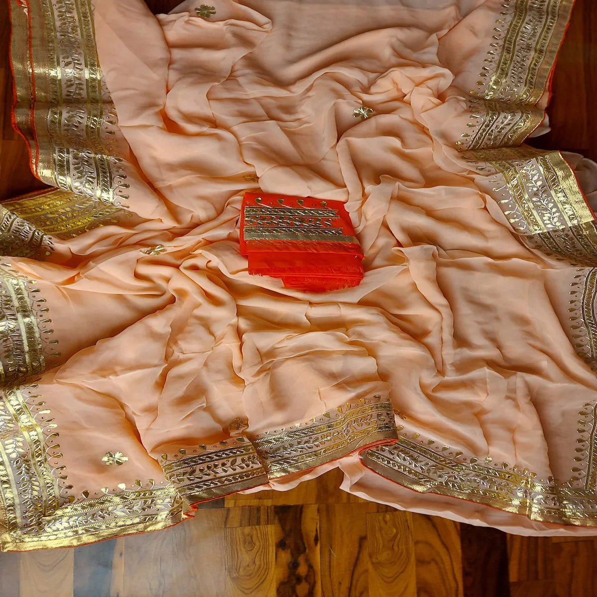 Beautiful Blush Peach Gota Patti Georgette Saree