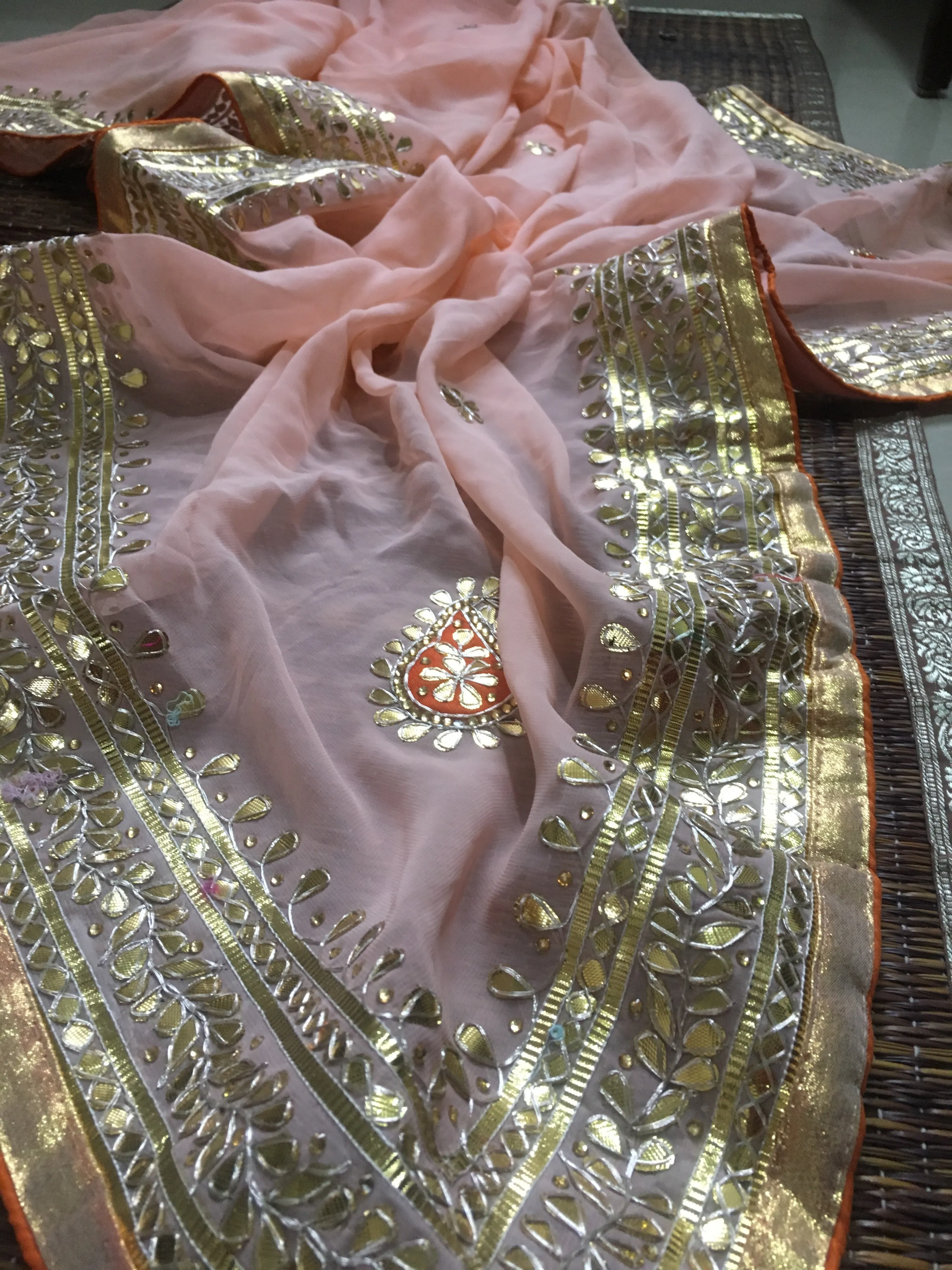 Beautiful Blush Peach Gota Patti Georgette Saree