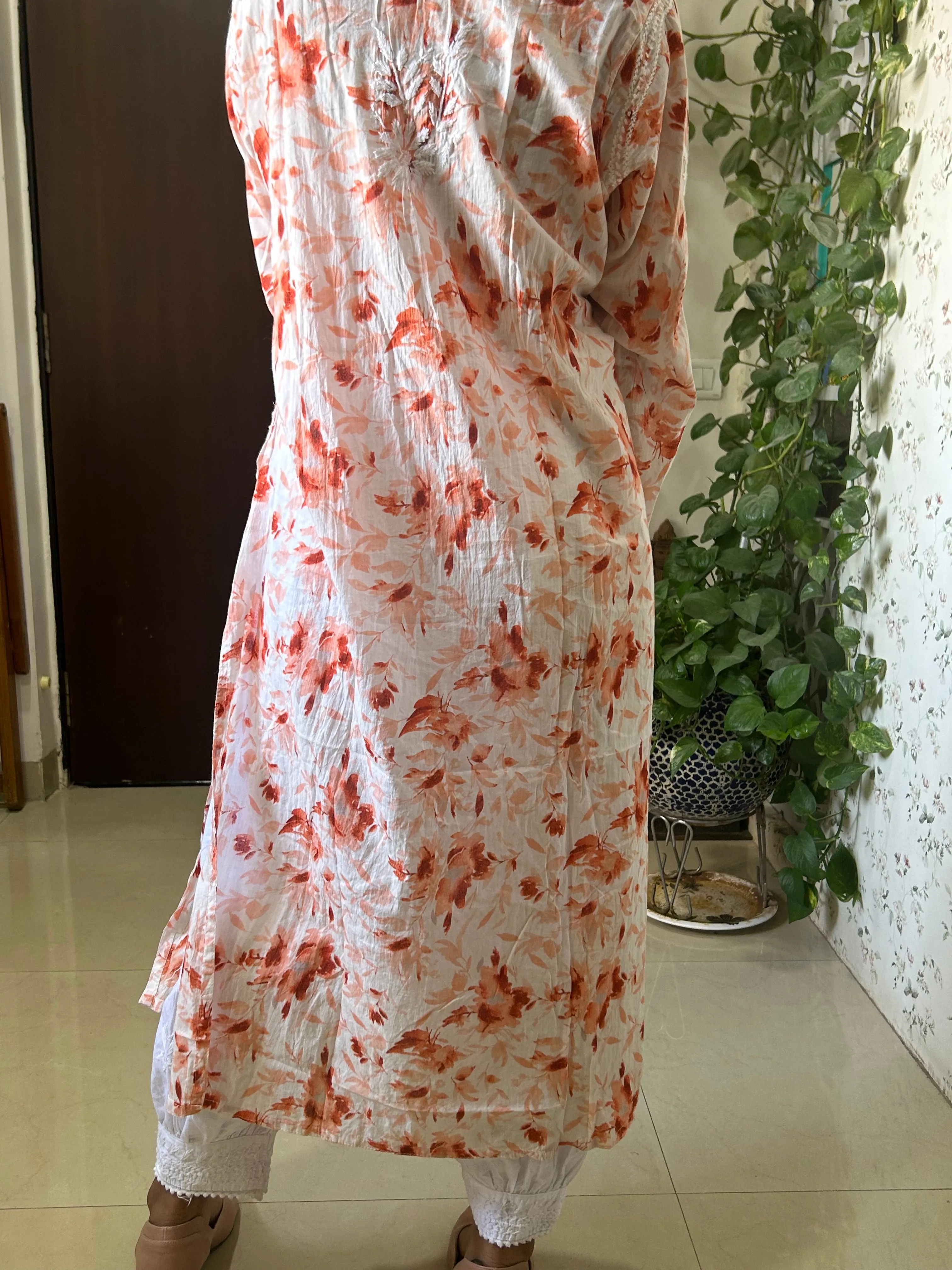 Beautiful Orange Mul mul cotton chikankari kurti