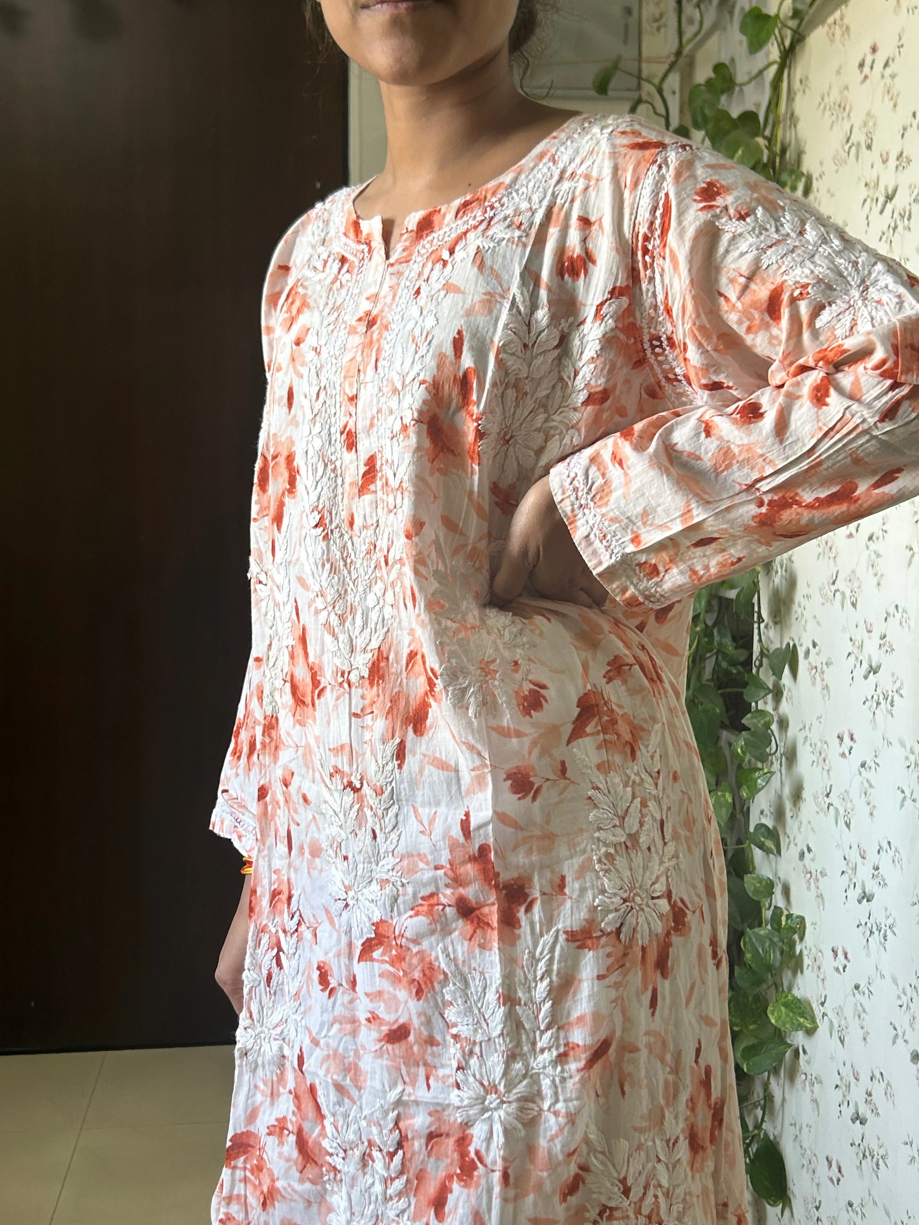 Beautiful Orange Mul mul cotton chikankari kurti