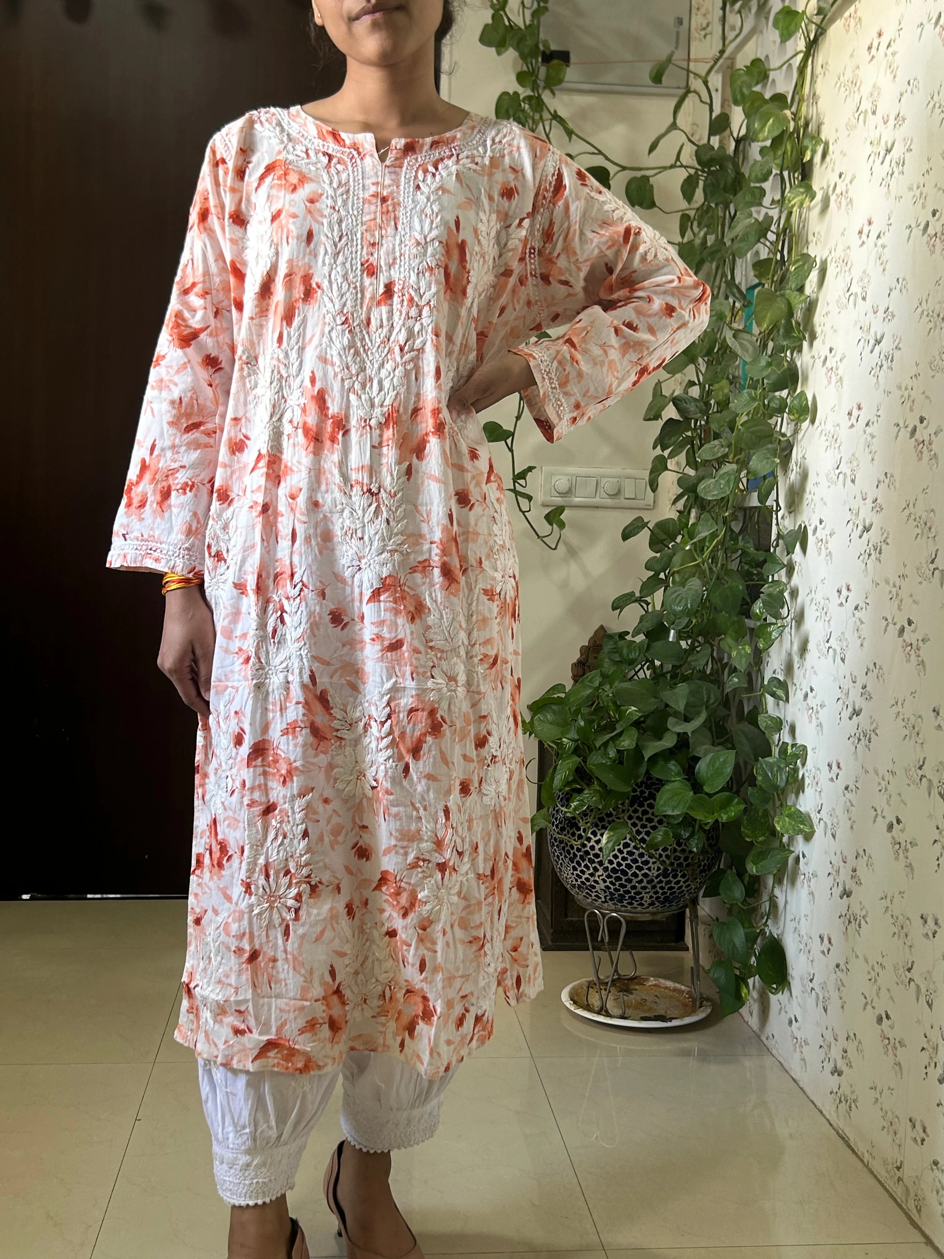 Beautiful Orange Mul mul cotton chikankari kurti