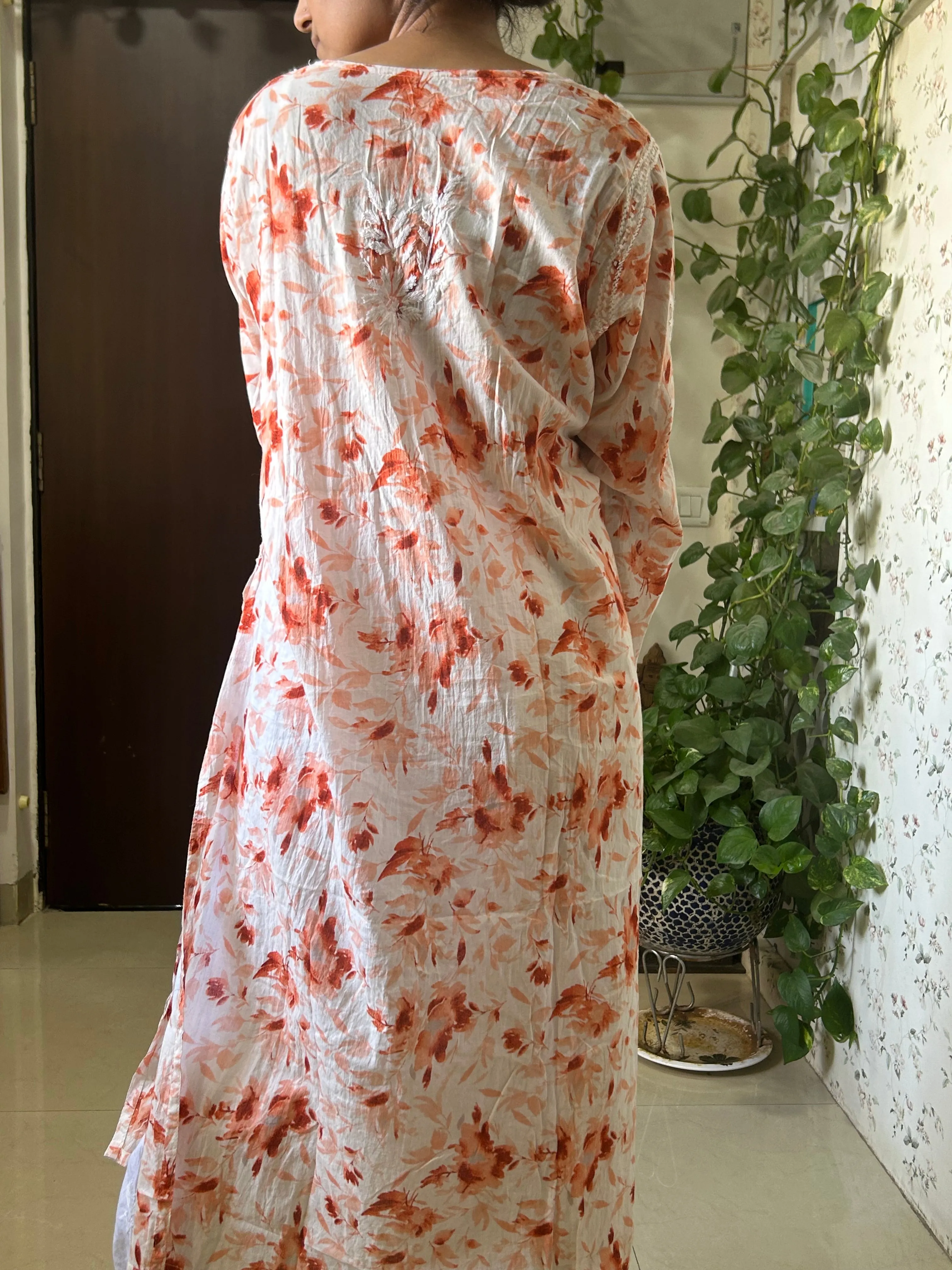 Beautiful Orange Mul mul cotton chikankari kurti