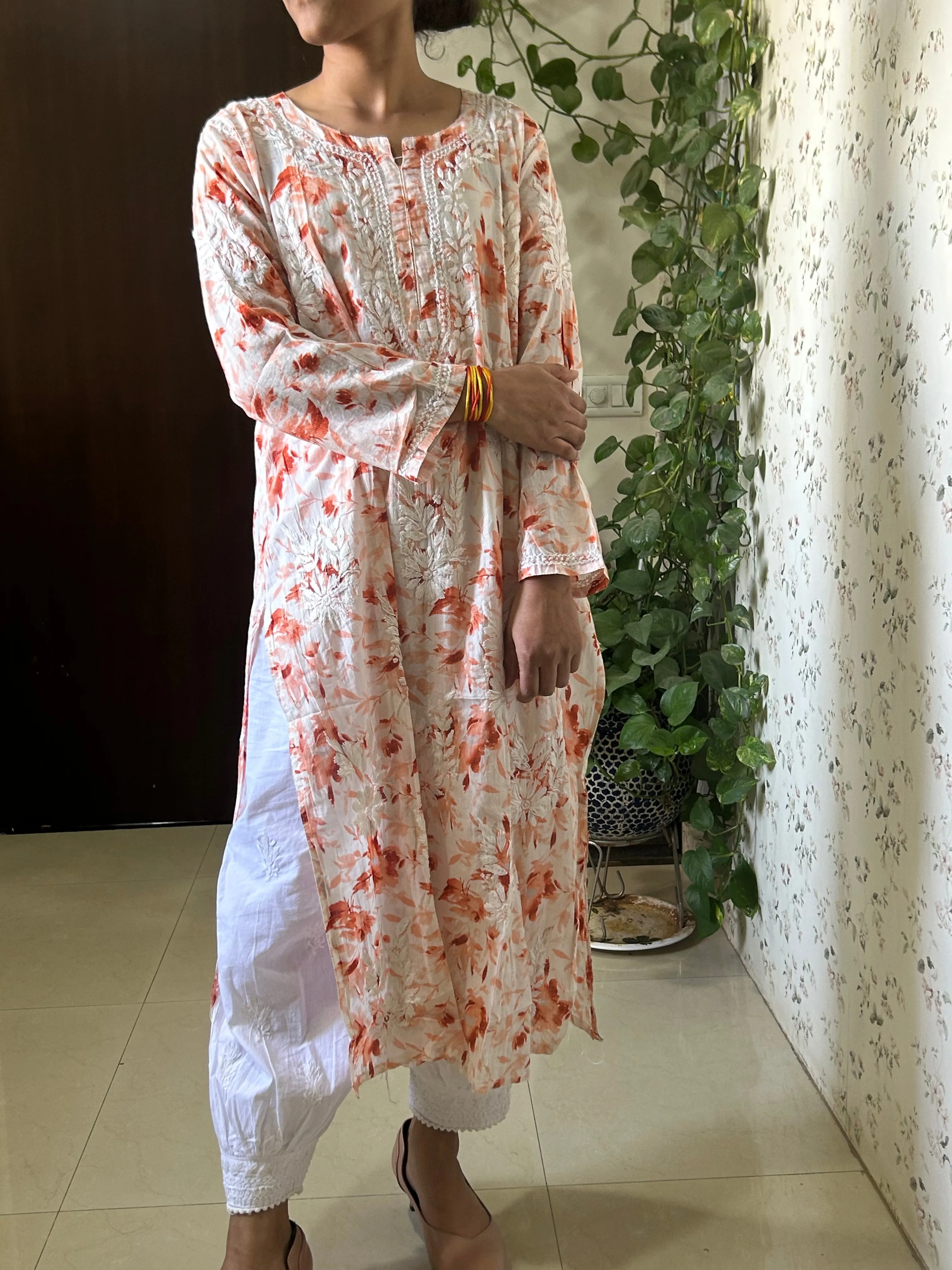 Beautiful Orange Mul mul cotton chikankari kurti