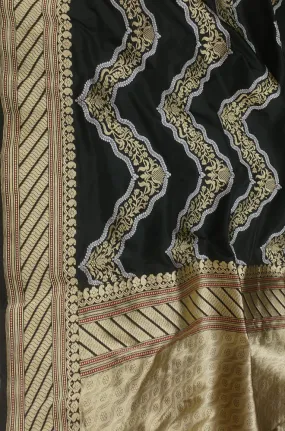 Black Handloom Banarasi Pure Katan Silk Sona Roopa Zig Zag Design Saree