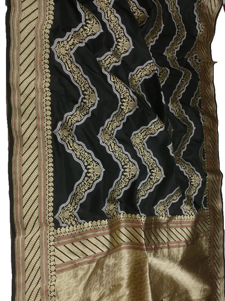 Black Handloom Banarasi Pure Katan Silk Sona Roopa Zig Zag Design Saree