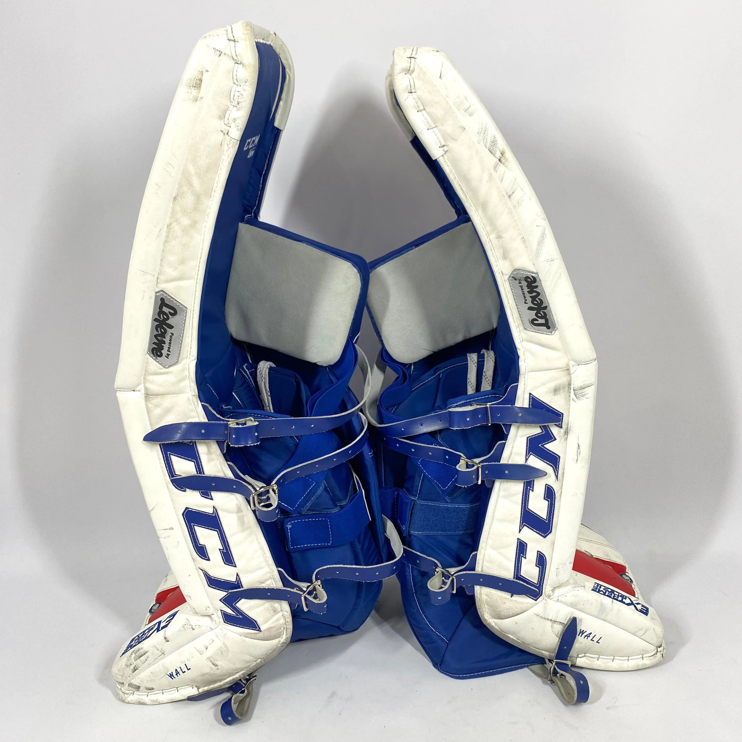 CCM Extreme Flex III - Used NCAA Pro Stock Senior Goalie Pads (White/Blue/Red)