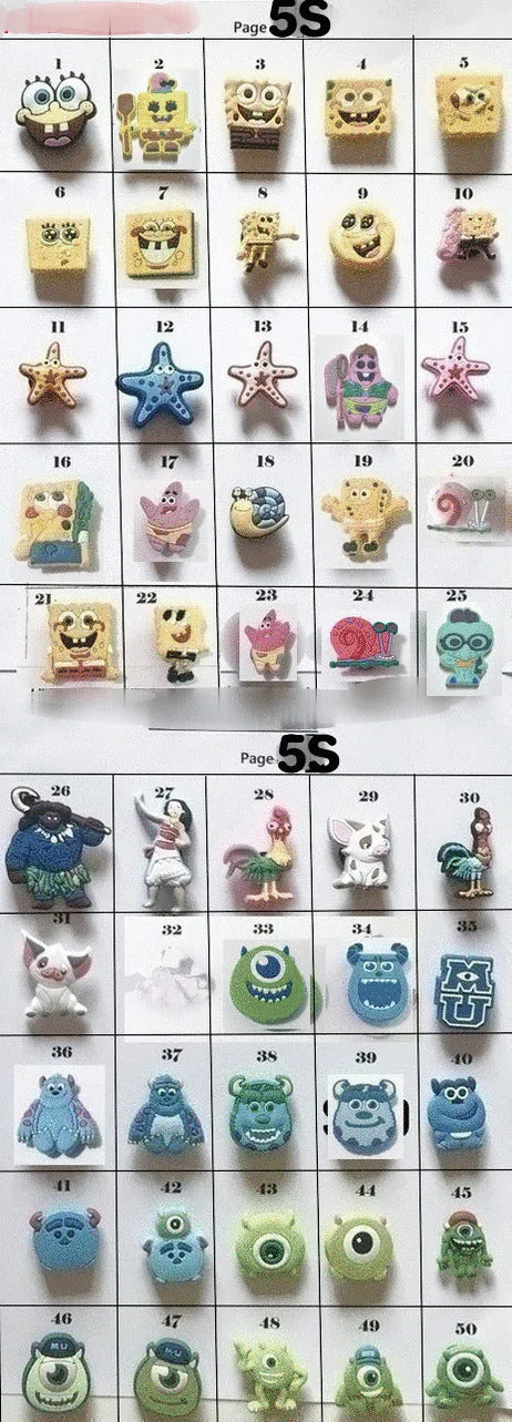 Clearance shoe charms cartoon and movie themed, random, Moana, Powderpuff, Sponge, Care bears