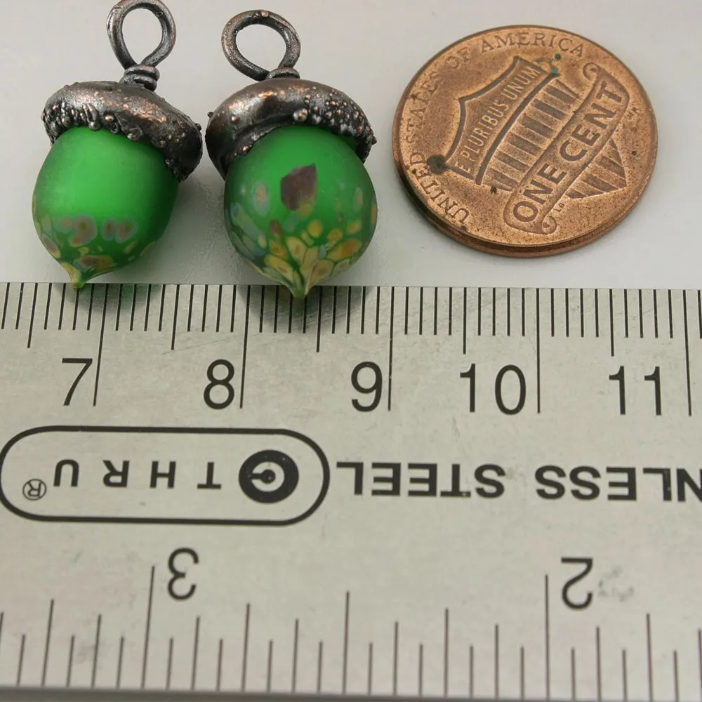 Dark Emerald Green Etched Acorns with Raku Frit with Copper Electroforming