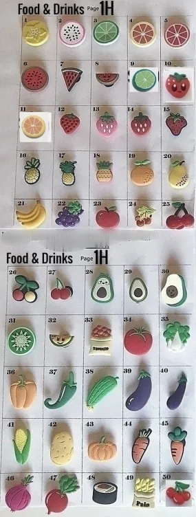 Food and drinks shoe charms, fruit, vegetables, dessert, pizza