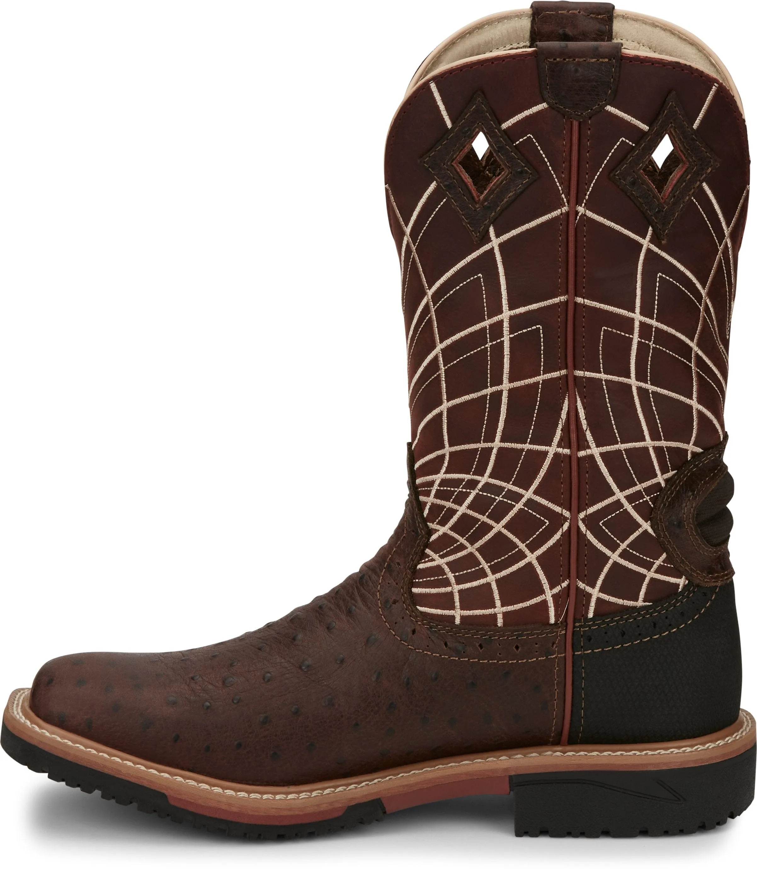 Justin Men's Derrickman Waterproof Burgundy Ostrich Print Square Toe Work Boot - SE4834