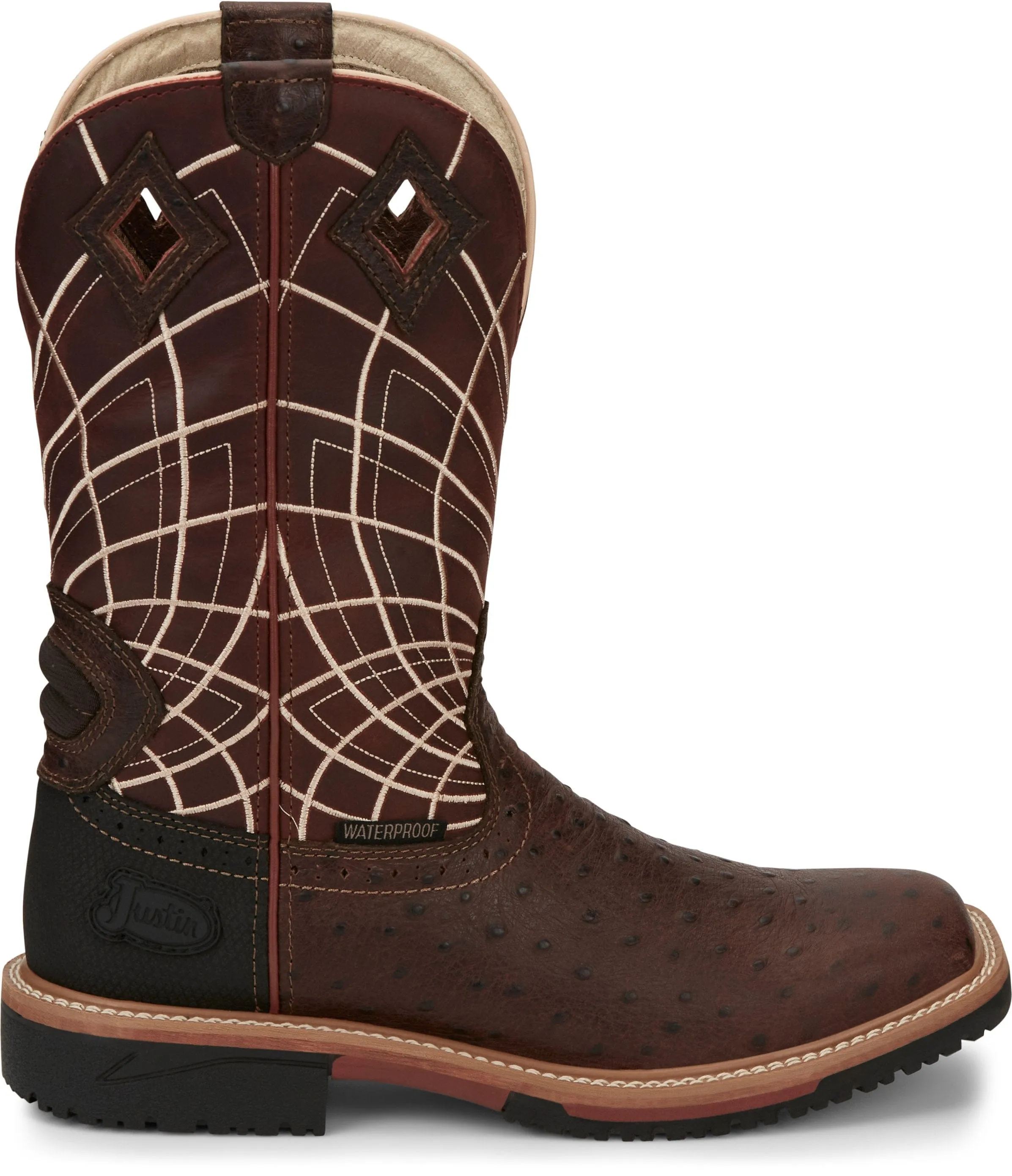 Justin Men's Derrickman Waterproof Burgundy Ostrich Print Square Toe Work Boot - SE4834