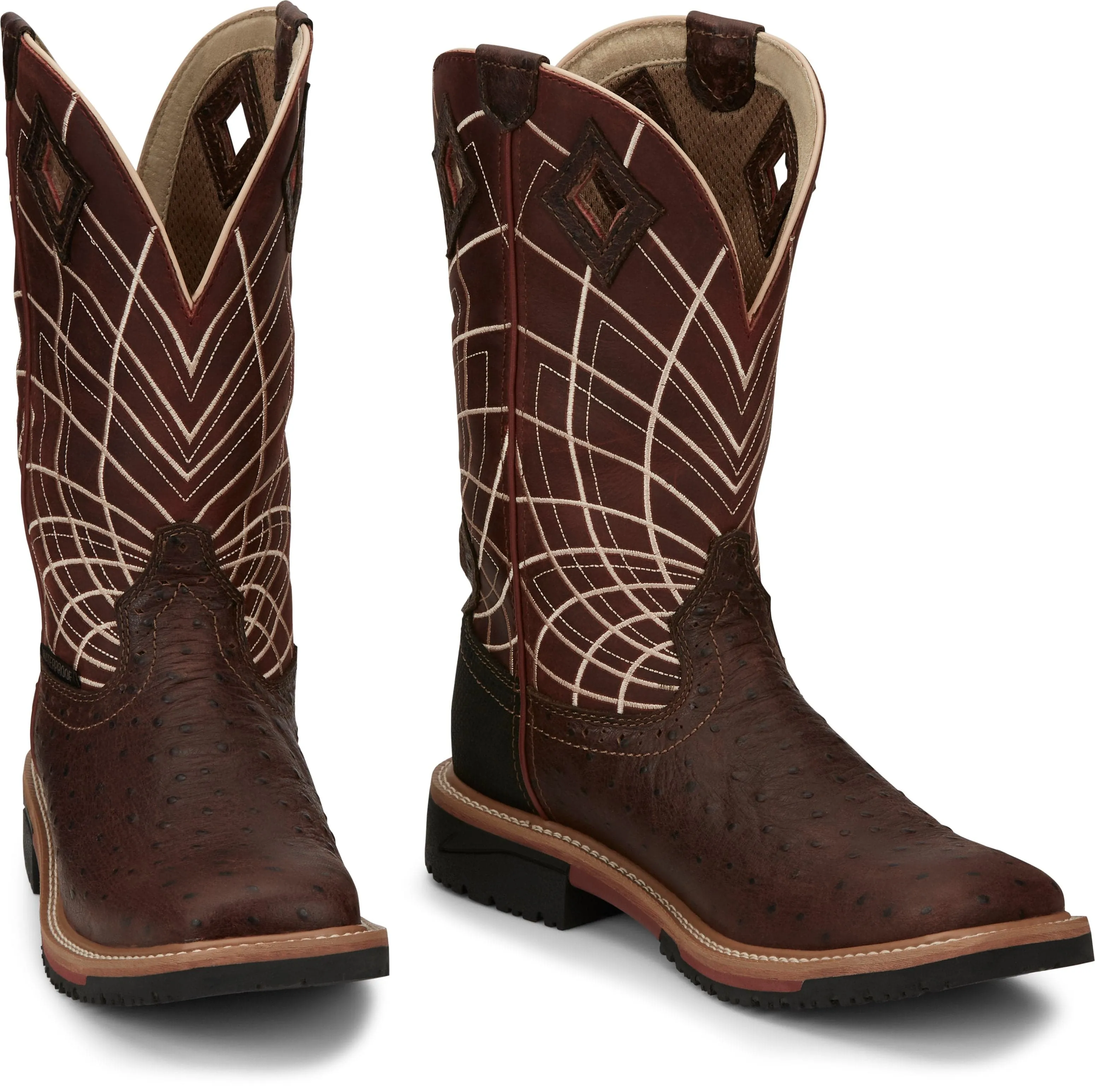 Justin Men's Derrickman Waterproof Burgundy Ostrich Print Square Toe Work Boot - SE4834