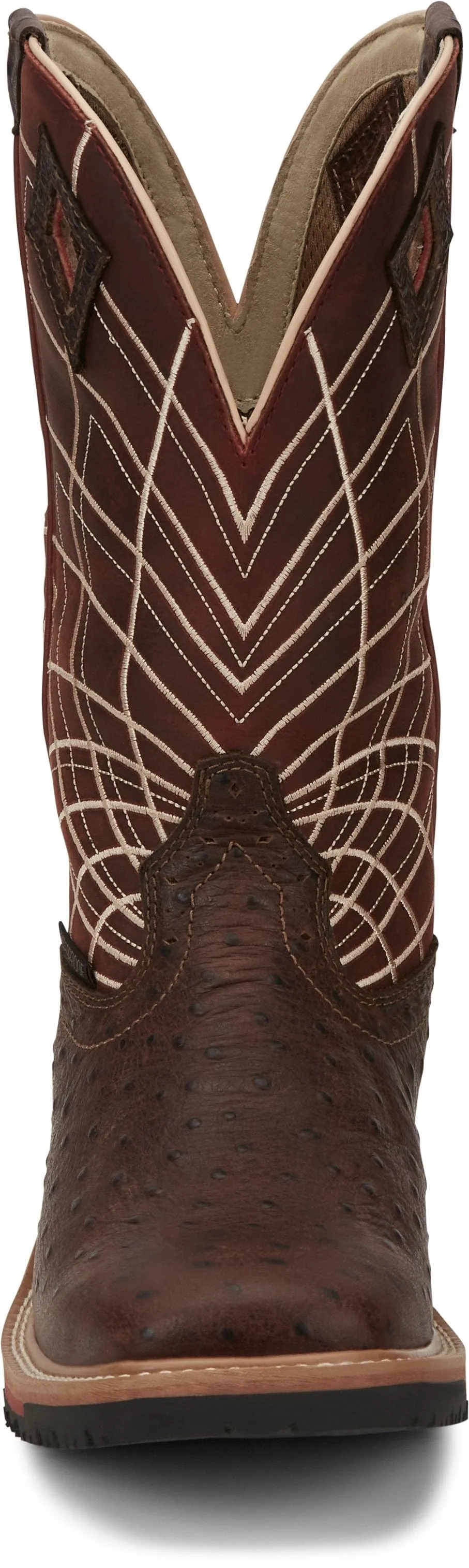 Justin Men's Derrickman Waterproof Burgundy Ostrich Print Square Toe Work Boot - SE4834