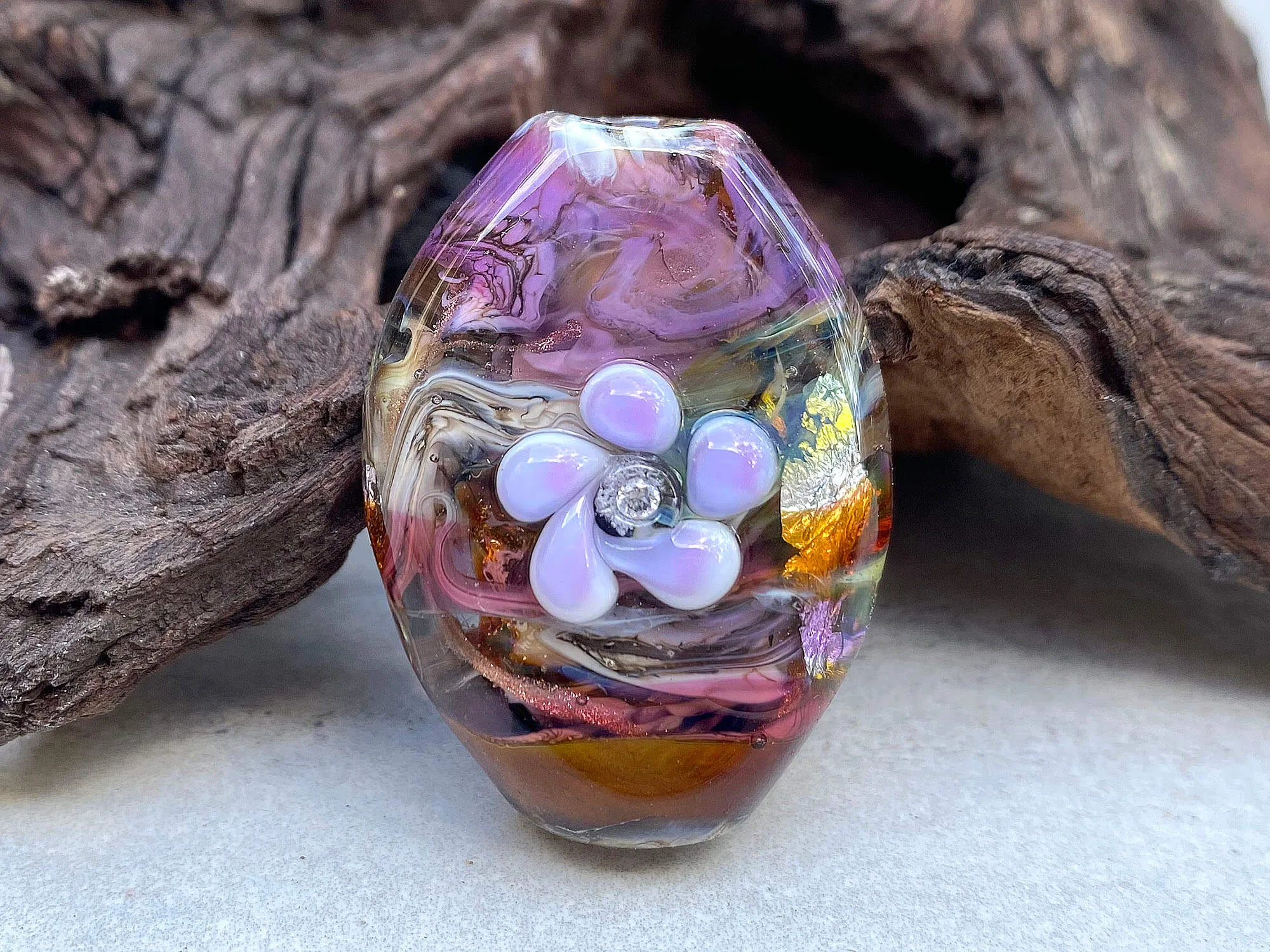 Purple Floral Organic Lampwork Focal Bead SRA