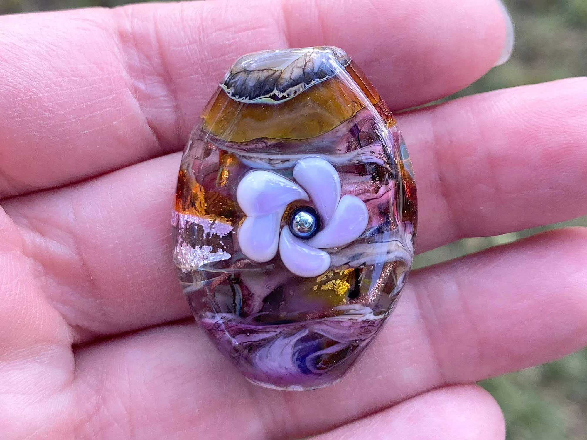 Purple Floral Organic Lampwork Focal Bead SRA