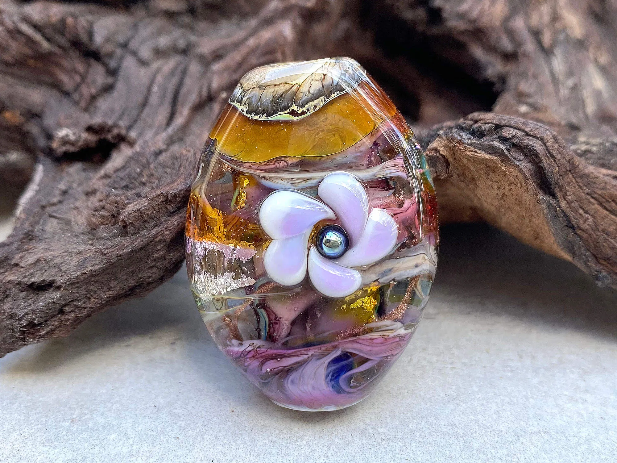 Purple Floral Organic Lampwork Focal Bead SRA