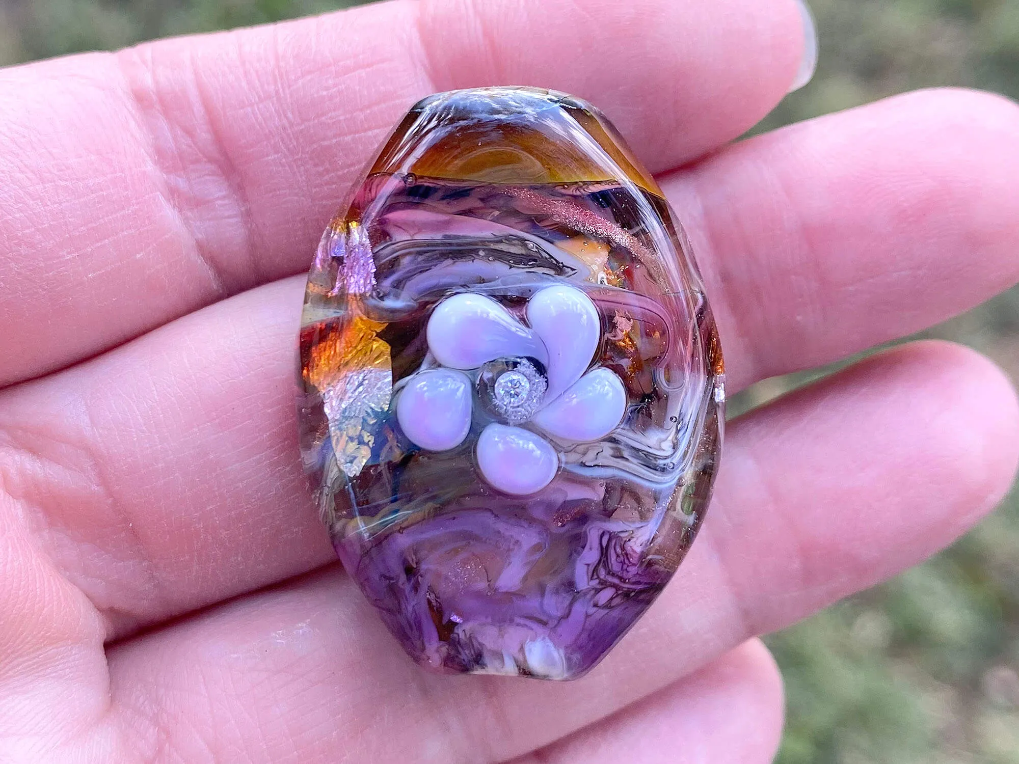 Purple Floral Organic Lampwork Focal Bead SRA