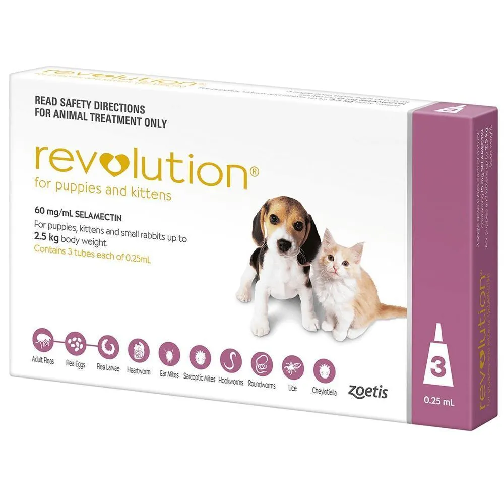 Revolution Flea Heartworm and Worming Treatment for Puppies and Kittens 2.5kg Pink 3 Pack