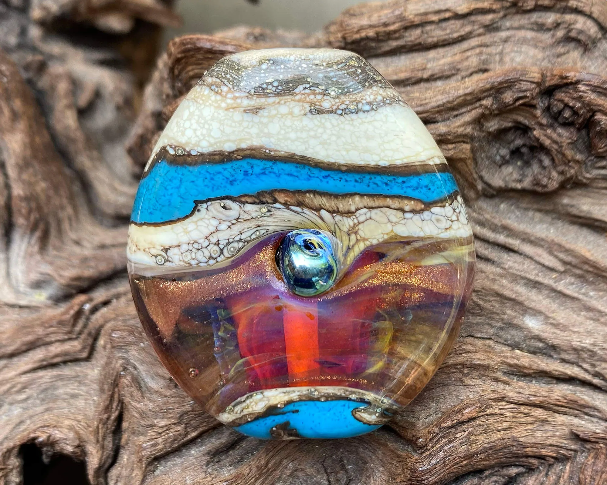 Turquoise Red Organic Lampwork Focal Bead SRA