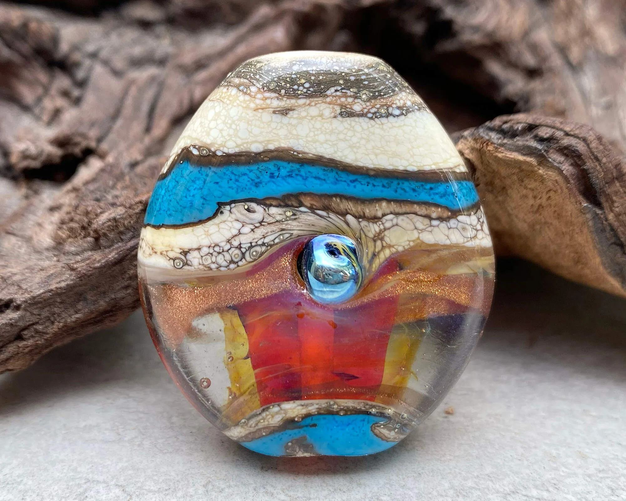 Turquoise Red Organic Lampwork Focal Bead SRA