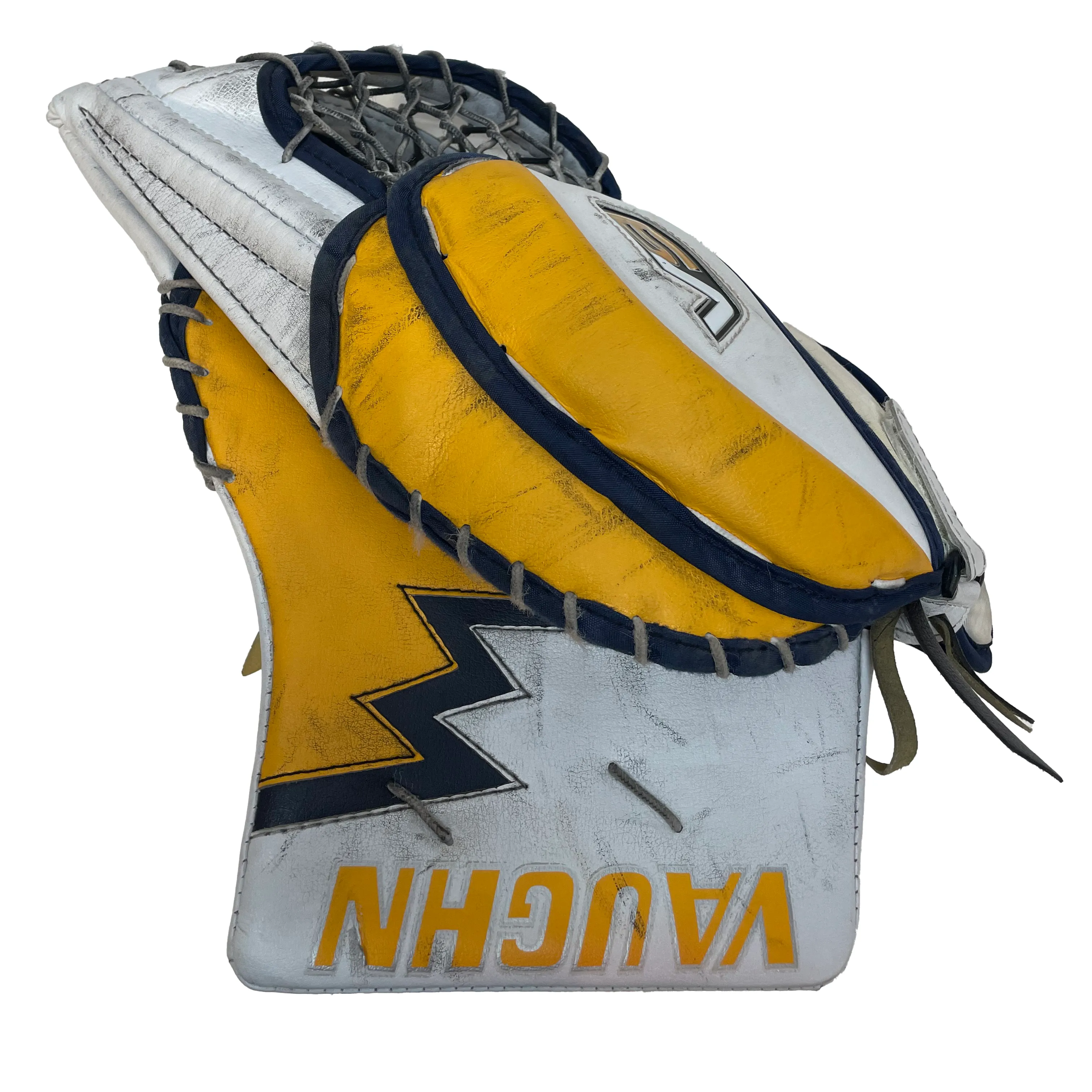 Vaughn Velocity V9 - Used Pro Stock Senior Goalie Pads (White/Yellow/Navy)