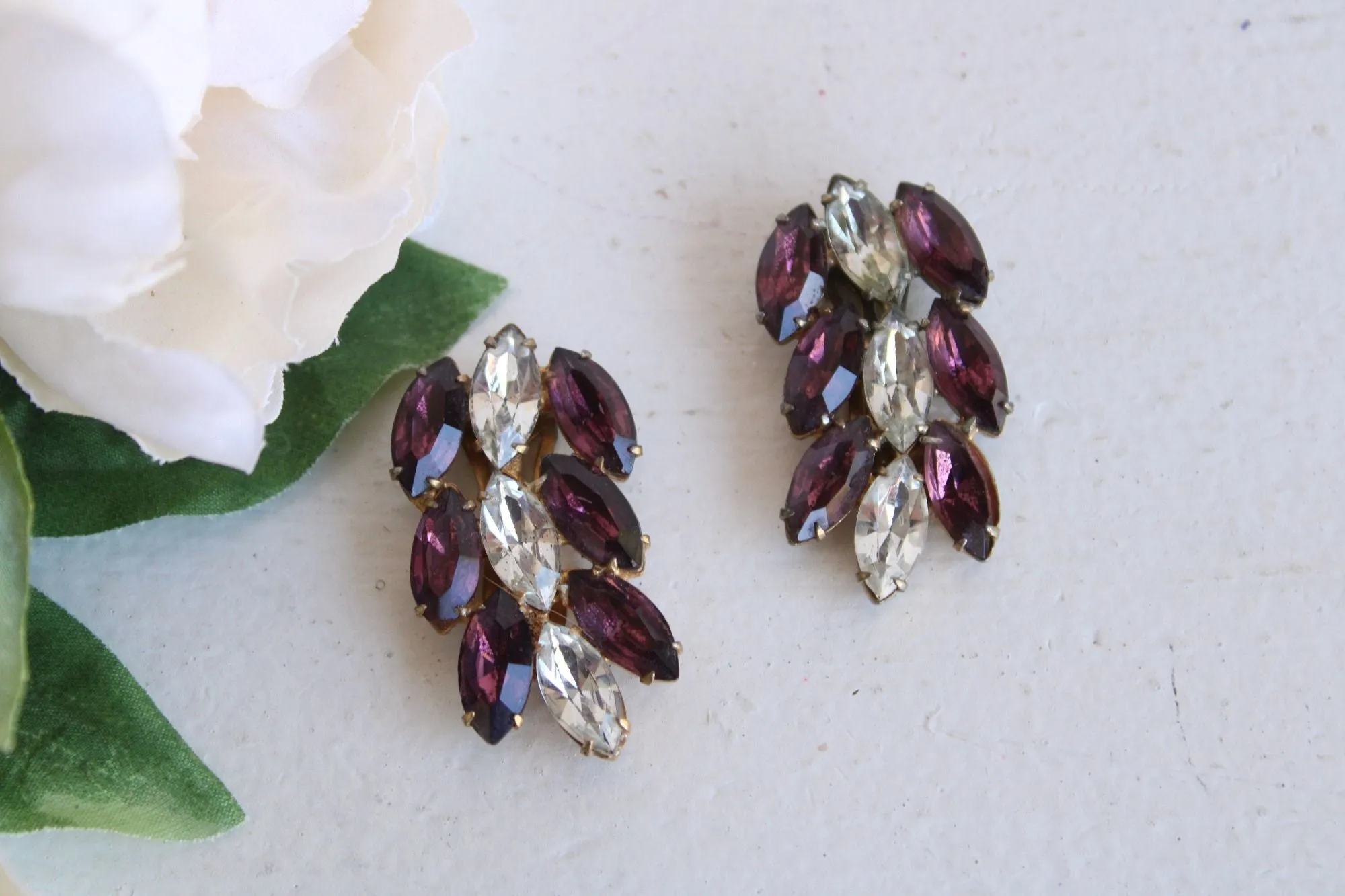 Vintage 1940s 1950s Shoe Clips, Purple and Clear Rhinestone Purse Embellishment