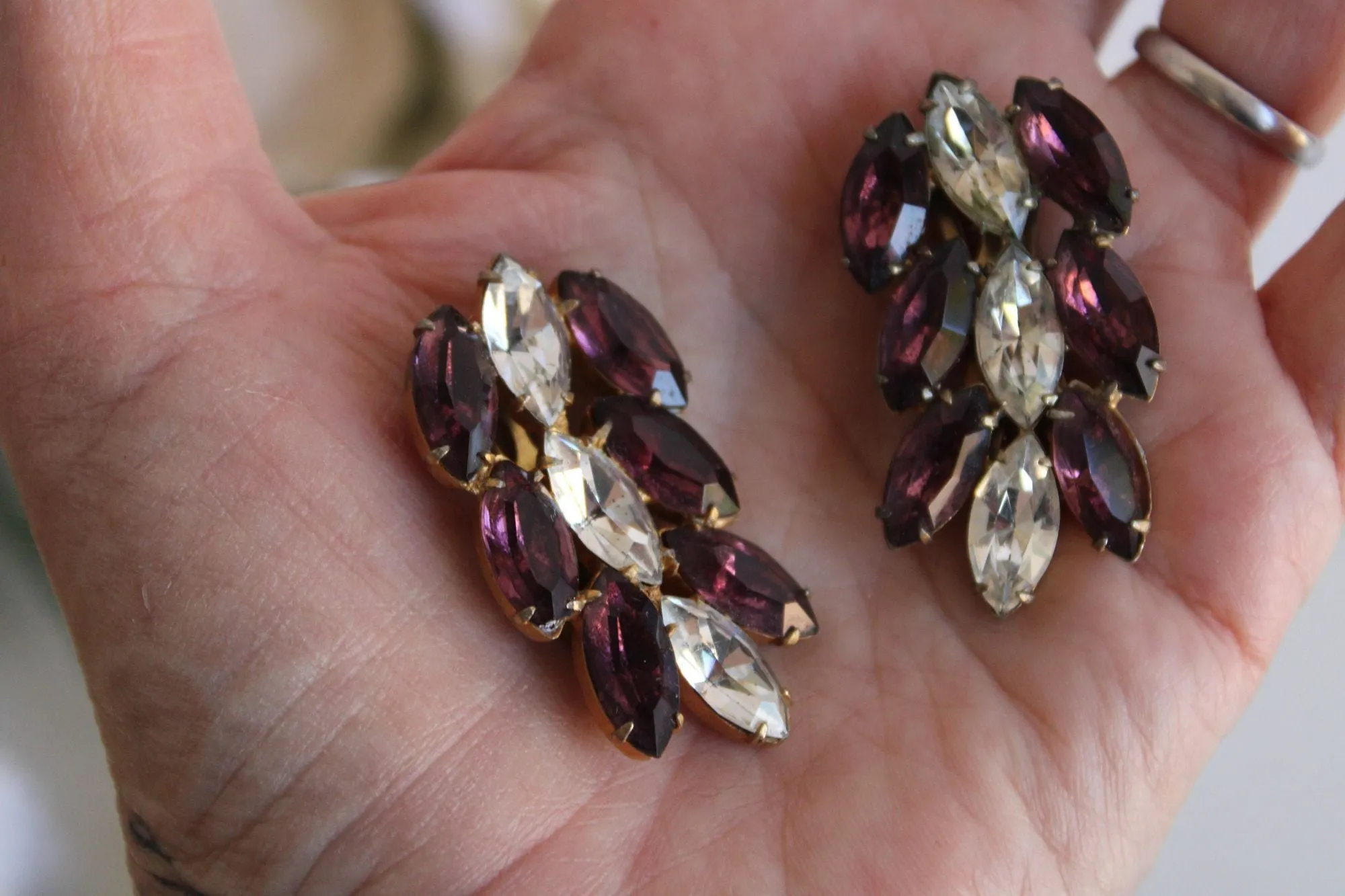 Vintage 1940s 1950s Shoe Clips, Purple and Clear Rhinestone Purse Embellishment