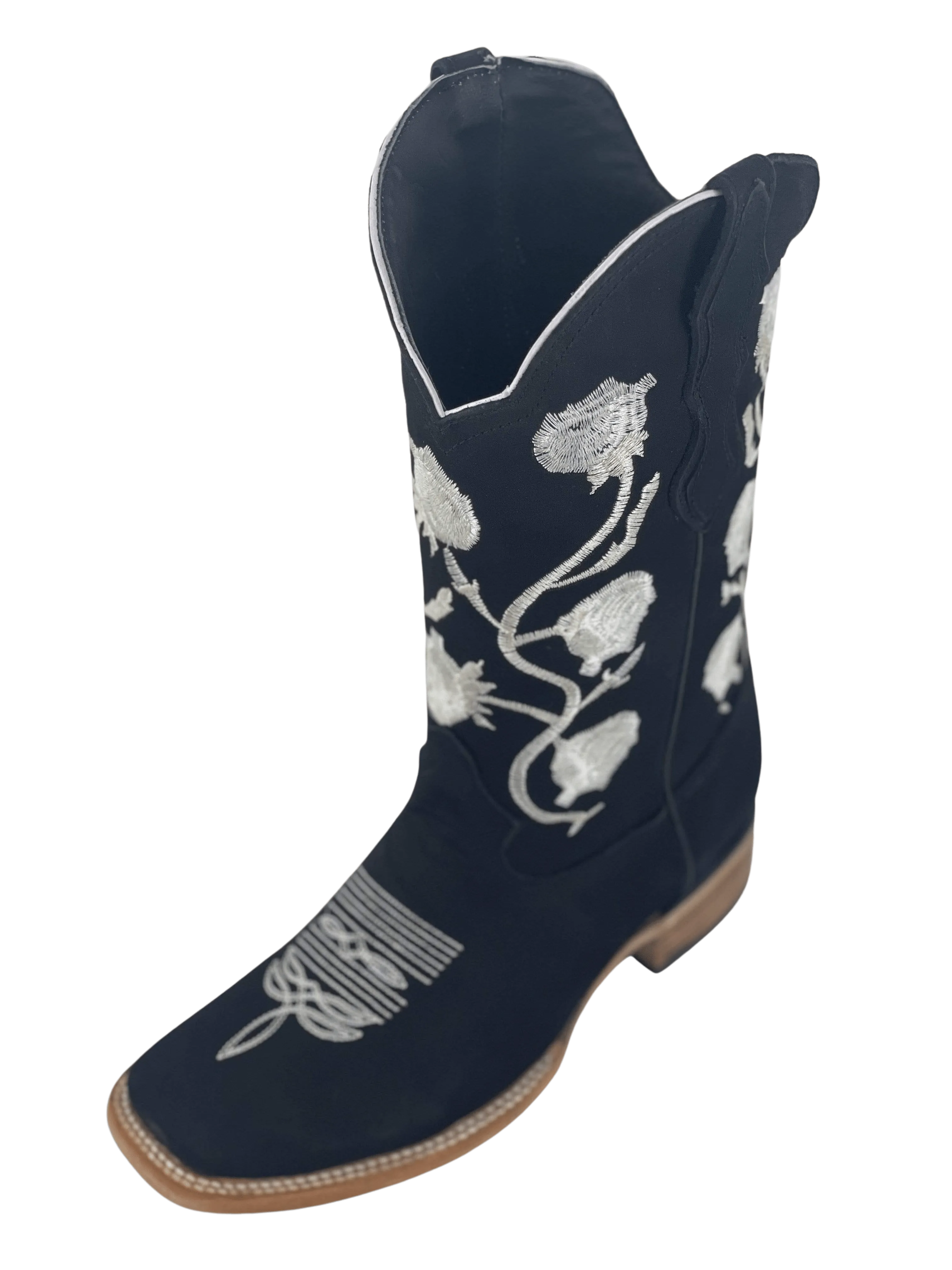 Women’s Black Nobuck with White Flowers Square Toe Rodeo Boot