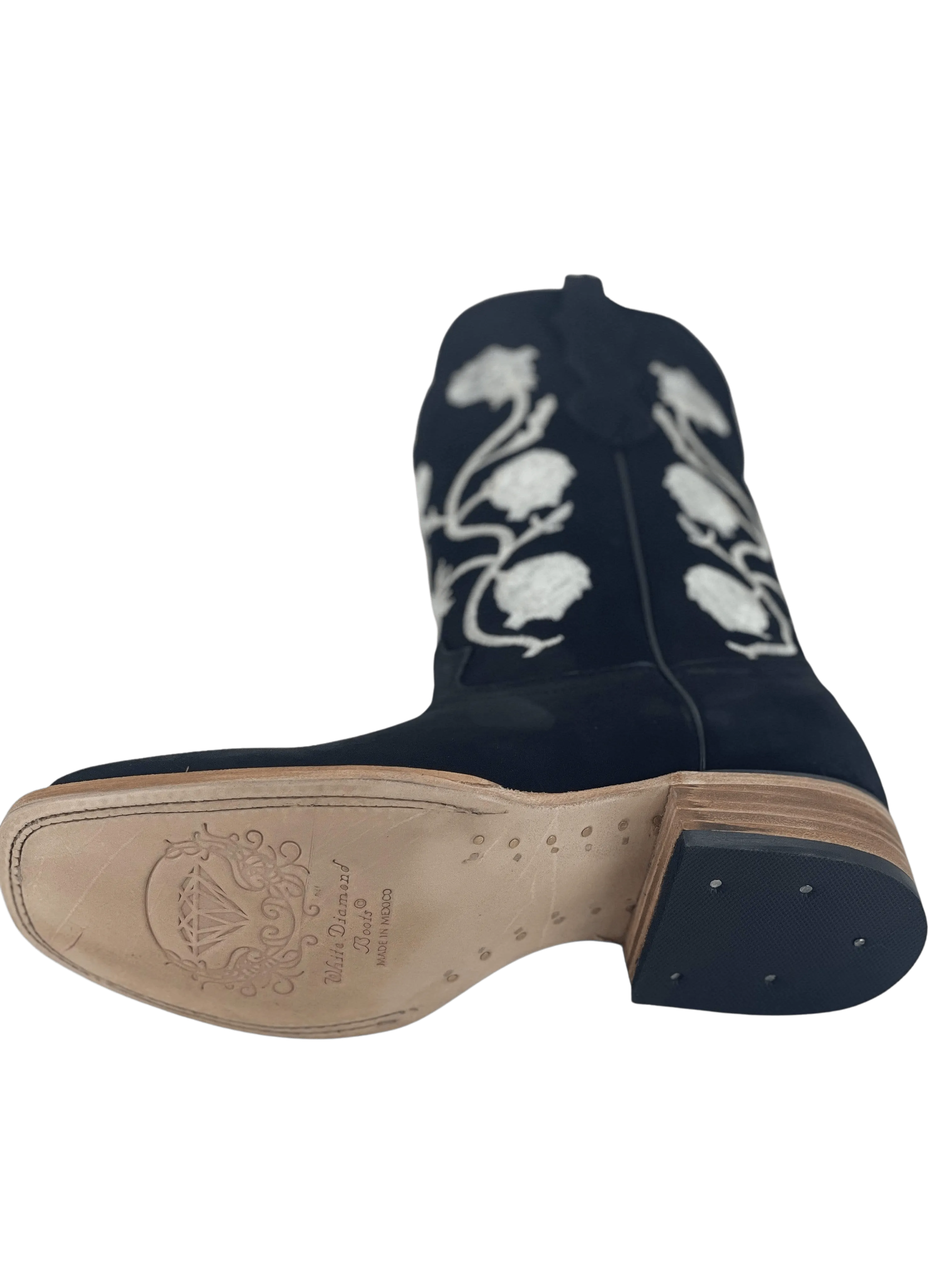 Women’s Black Nobuck with White Flowers Square Toe Rodeo Boot