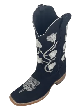 Women’s Black Nobuck with White Flowers Square Toe Rodeo Boot