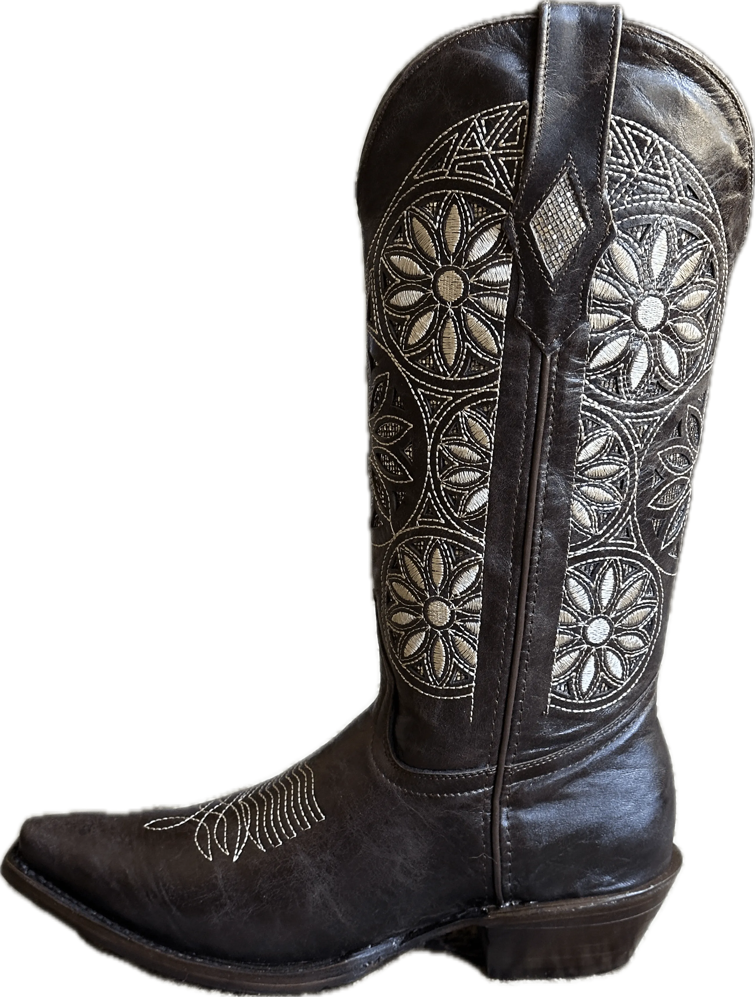 Women’s Dark Brown with Beige Shiny Flowers Snip Toe Leather Boot