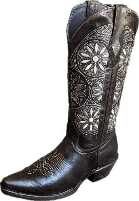 Women’s Dark Brown with Beige Shiny Flowers Snip Toe Leather Boot