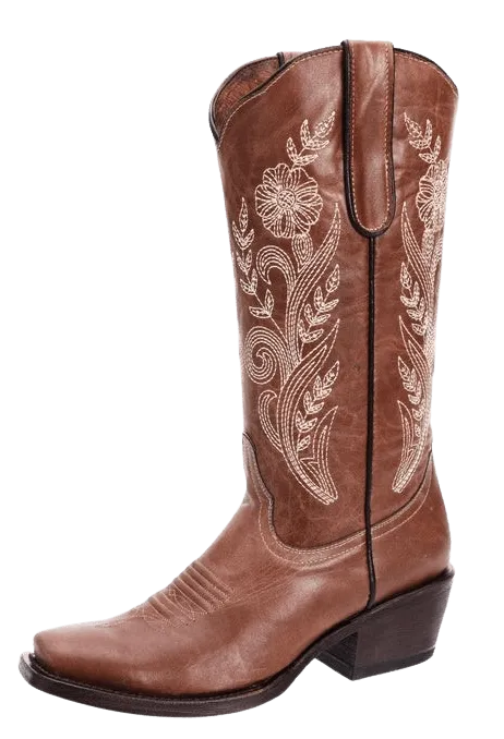 Women's Light Brown with Natural Stem Designed Leather Square Toe Rodeo Boot